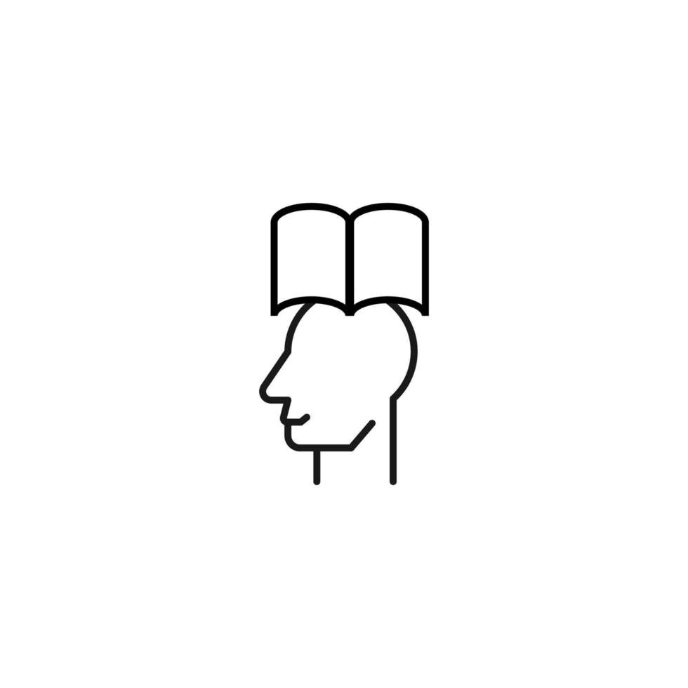 Hobbies, thought and ideas concept. Vector sign drawn in flat style. Editable stroke. Line icon of book over head of man