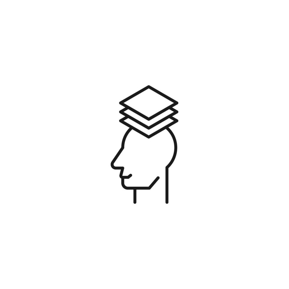 Hobbies, thought and ideas concept. Vector sign drawn in flat style. Editable stroke. Line icon of stack of paper sheets over head of man