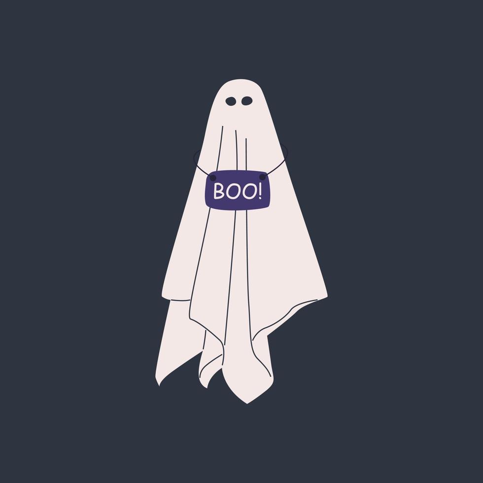 Halloween cloth ghosts in pose. Halloween scary ghostly monsters, spirits. Floating phantoms with nameplate Boo. Trick or Treat. Creepy boo, spooky. Holiday Silhouettes. vector