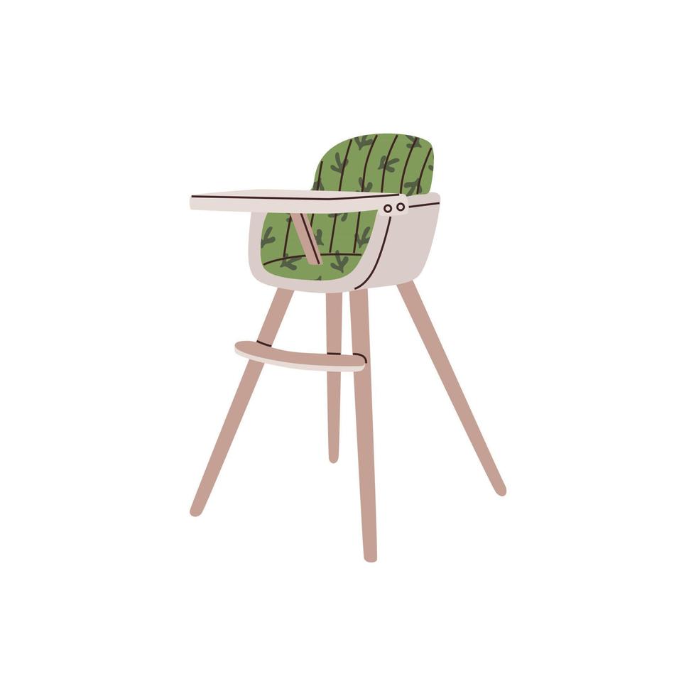 Baby high green chair for eating at home with pattern. Raising Child. Feeding seat for infant with print of cactus. Modern child wooden chair on high legs. vector
