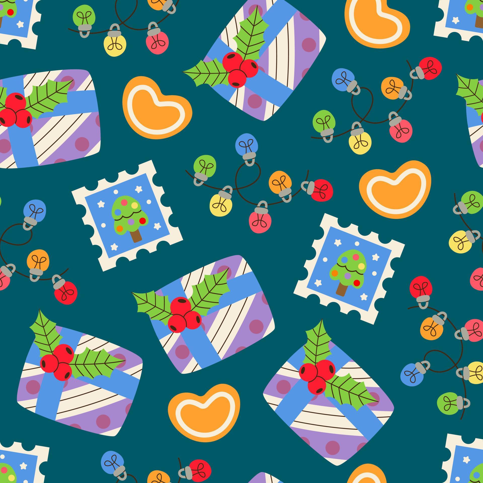 Pattern of christmas gift, garlands, gingerbread cookie, posht mark