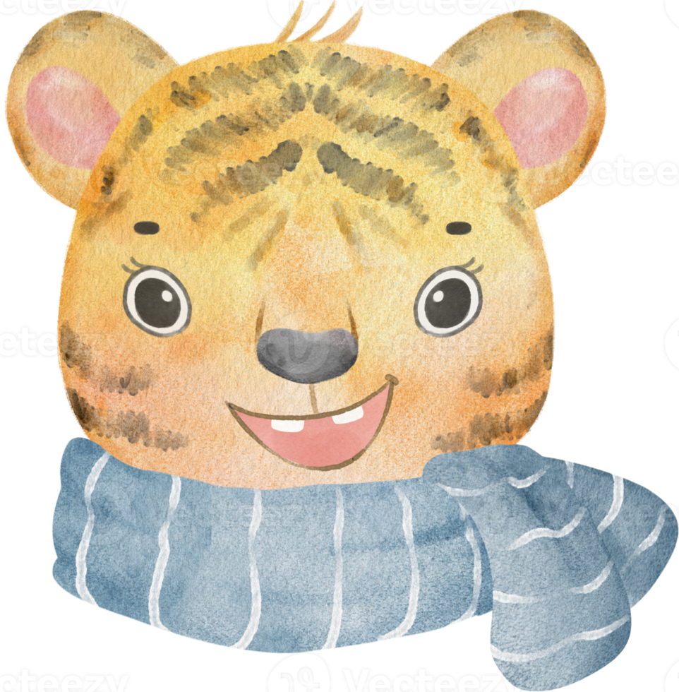 cute tiger Illustration watercolor cute animal winter wears scarf png