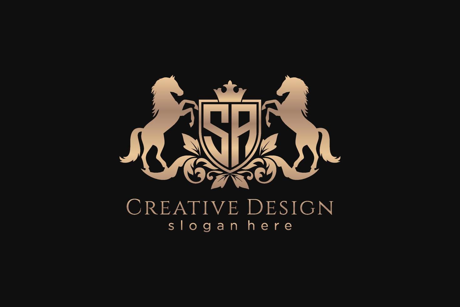 initial SA Retro golden crest with shield and two horses, badge template with scrolls and royal crown - perfect for luxurious branding projects vector