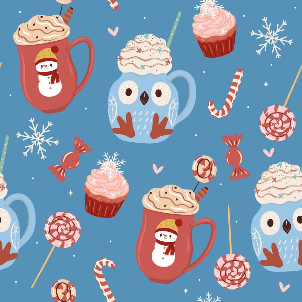 Seamless pattern with winter drinks and sweets. Vector graphics.