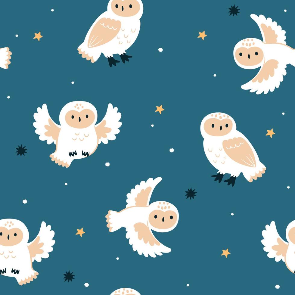 Seamless pattern with snowy owls and stars. Vector graphics.