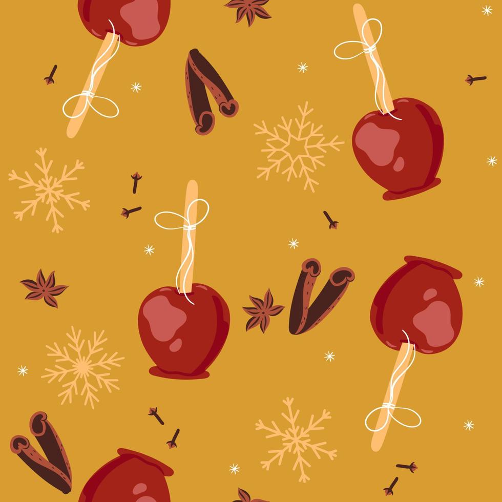 Seamless pattern with caramel apples on a yellow background. Vector graphics.