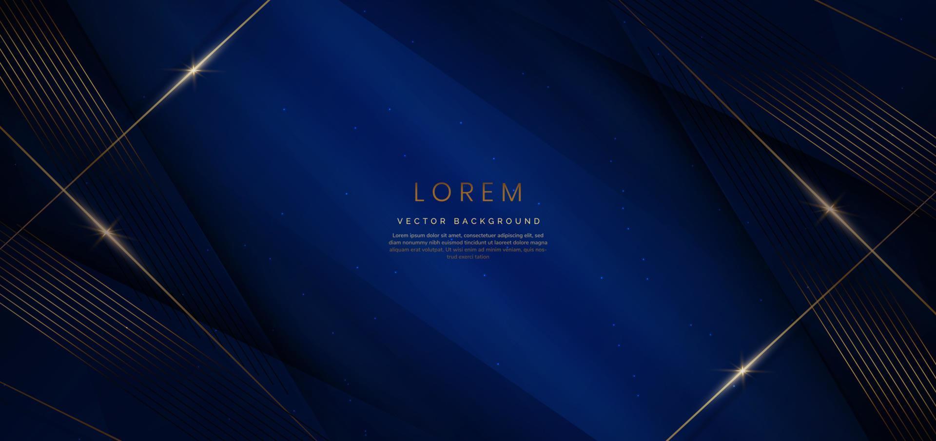 Abstract elegant dark blue background with golden line and lighting effect sparkle. Luxury template design. vector