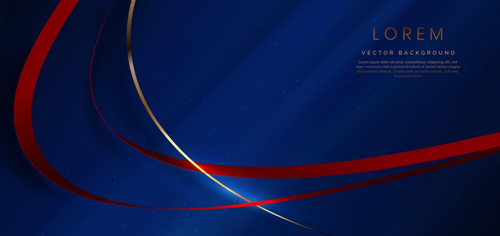 Abstract 3d gold and red curved ribbon on dark blue background with lighting effect and sparkle with copy space for text. vector