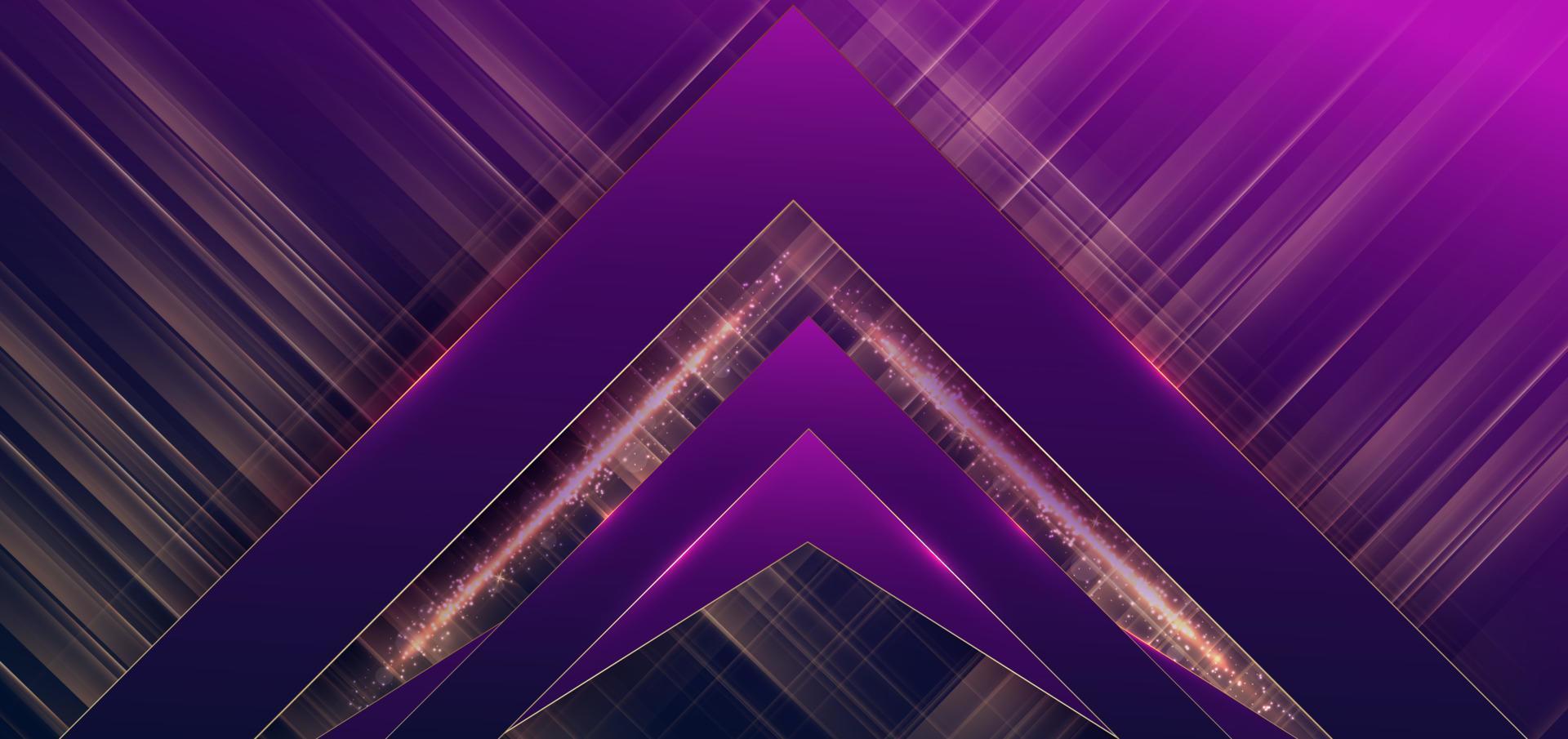 triángulos de plantilla geométricos púrpura y azul oscuro con capa de línea dorada y efecto de iluminación brillan sobre fondo azul oscuro. vector