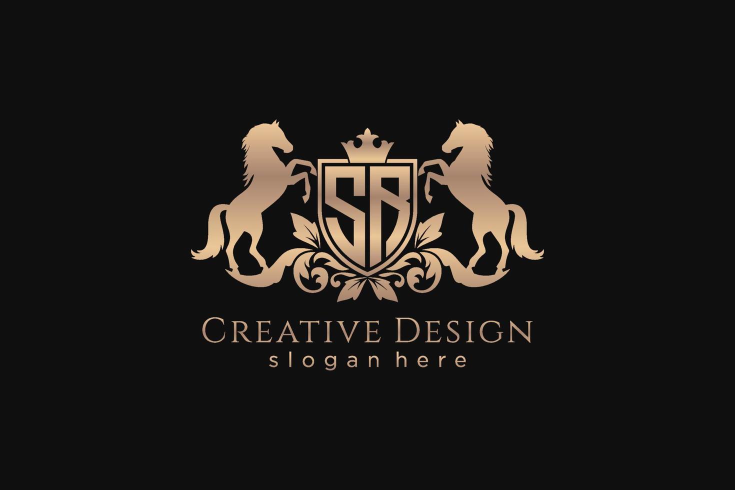 initial SR Retro golden crest with shield and two horses, badge template with scrolls and royal crown - perfect for luxurious branding projects vector