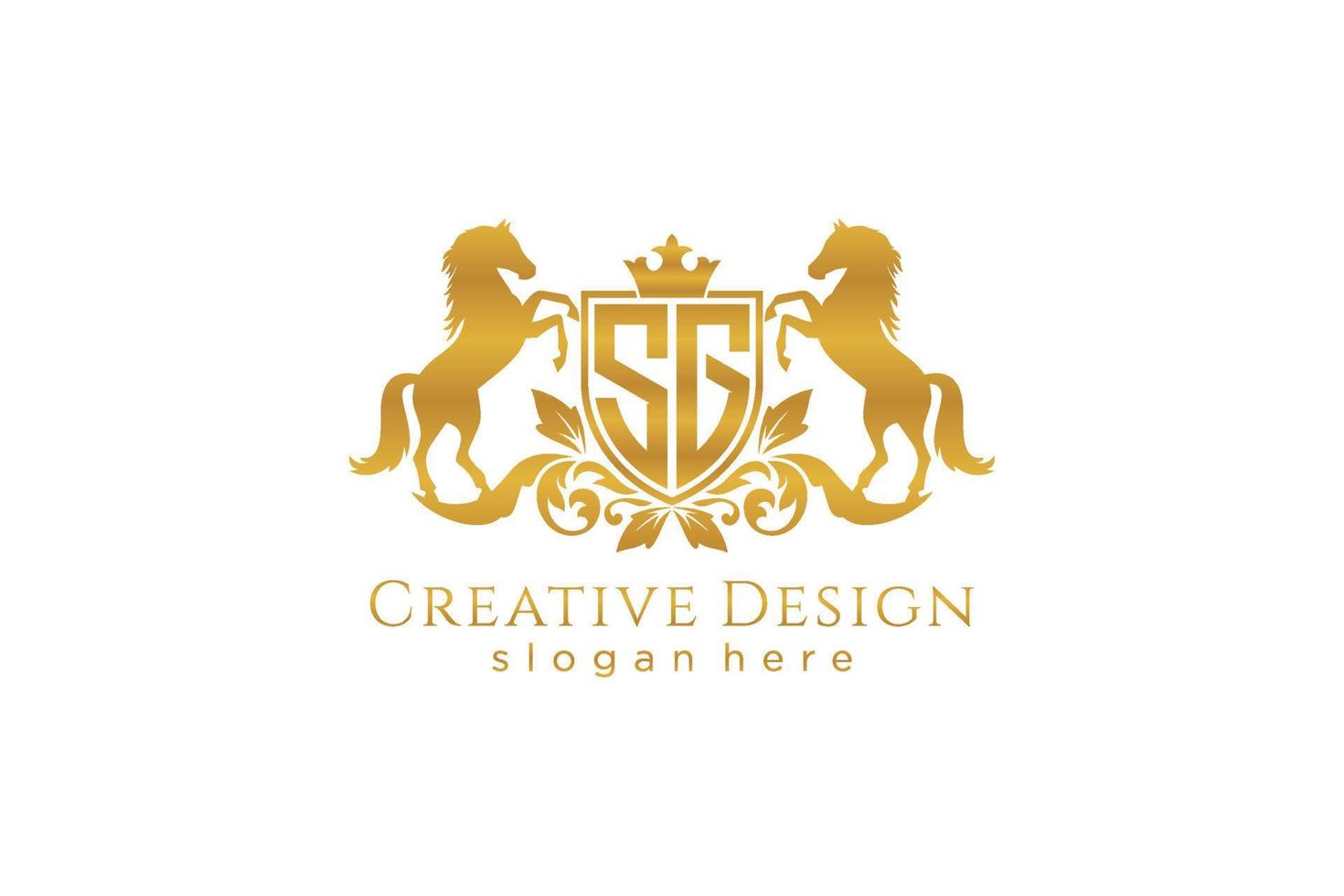 initial SG Retro golden crest with shield and two horses, badge template with scrolls and royal crown - perfect for luxurious branding projects vector