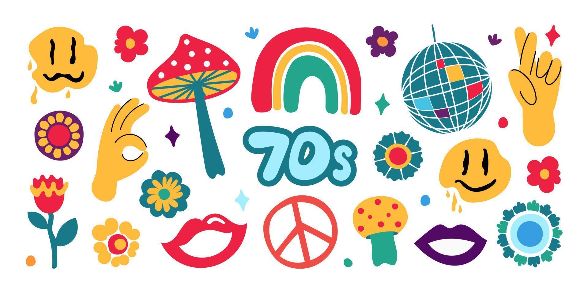 A large set in the retro style of the 70s. Good vibes multicolored inscription. Vector illustration