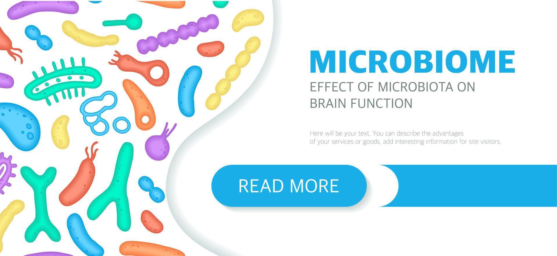 Microbiome website landing page template, newsletter, advertising, label, presentation. Vector background with bacteria.