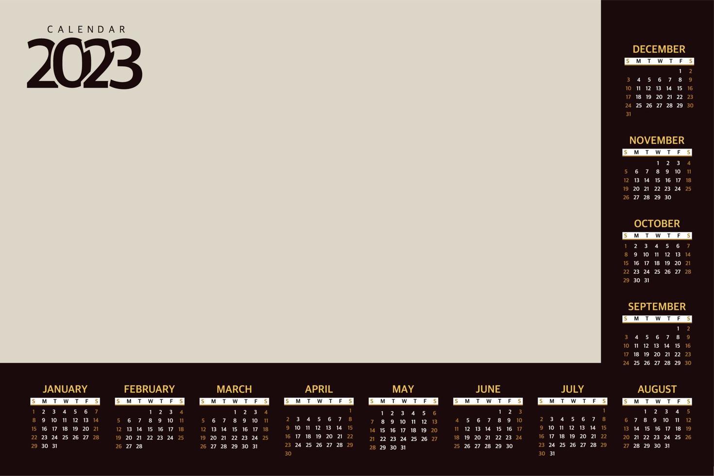 Calendar 2023 Planner template, the beginning of the week on Sunday. Vector illustration on a black background