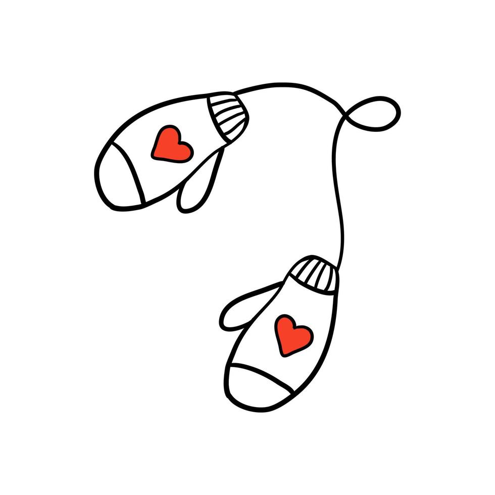 Cute knitted mittens with heart ornament. Doodle style vector illustration of winter accessories.