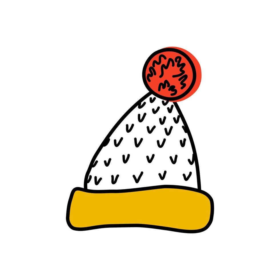 lindo gorro de punto con pompón. Ilustración de vector de estilo de fideos de tocado de invierno.