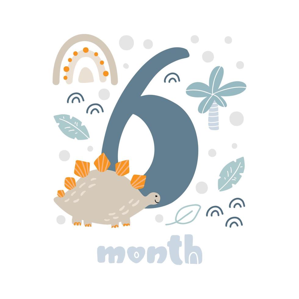 6 six months Baby boy anniversary card metrics. Baby shower print with cute animal dino, flowers and palm capturing all special moments. Baby milestone card for newborn vector