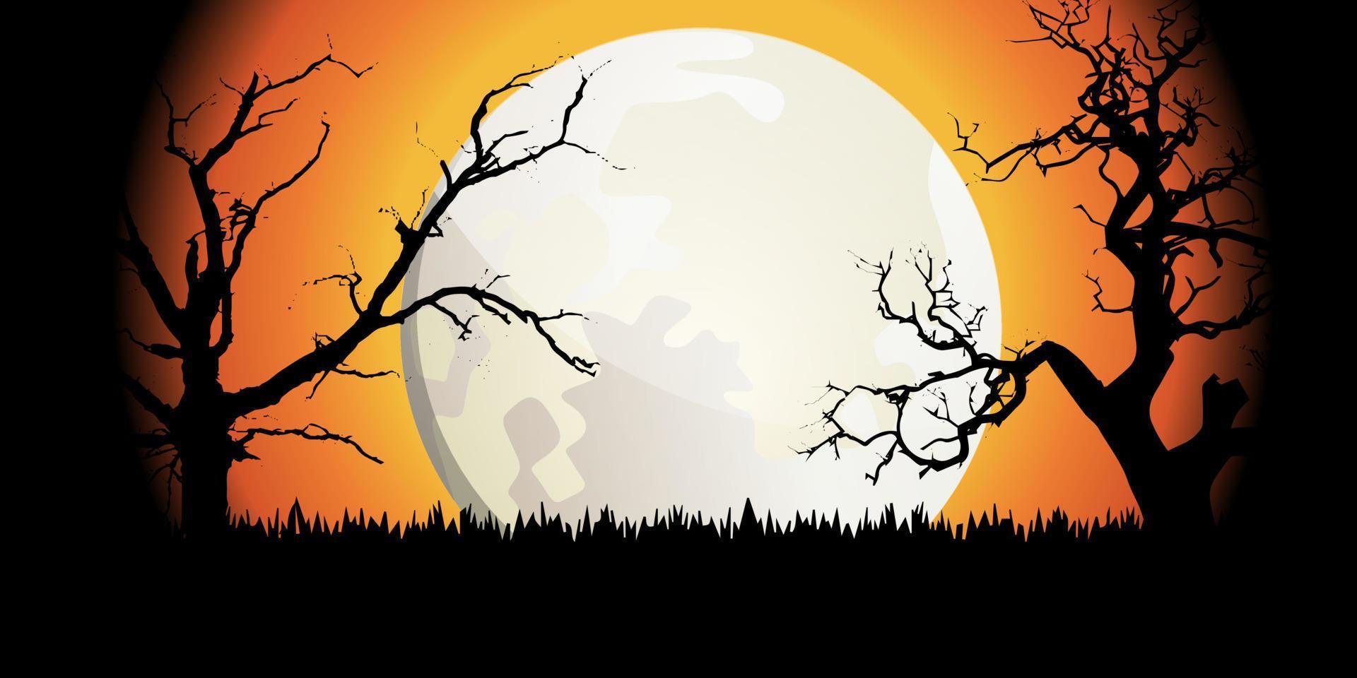 Halloween Theme Background with Full Moon and Trees Silhouettes. Vector Illustration