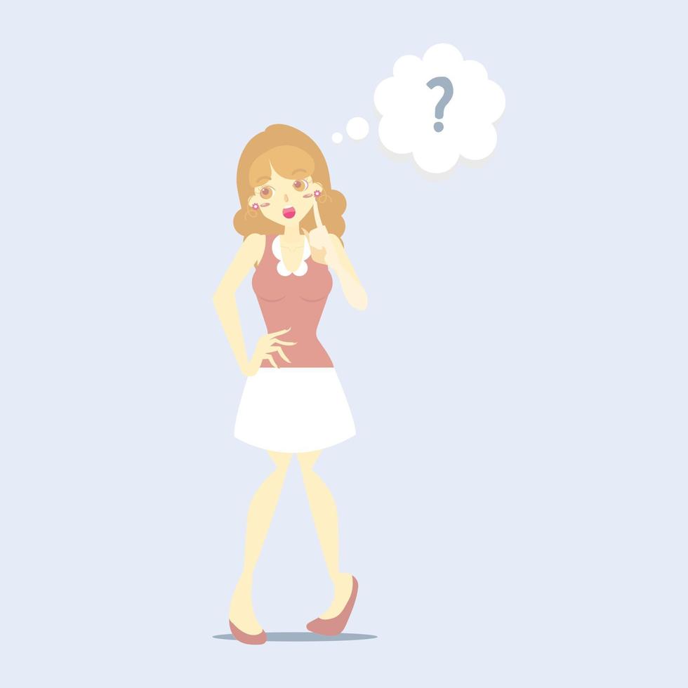 confused woman standing with question mark, having idea creative inspiration, thinking, dreaming concept, flat vector illustration character cartoon design clip art