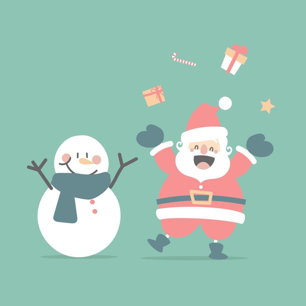 feliz navidad y feliz año nuevo con lindo santa claus y muñeco de nieve en la temporada de invierno, diseño de vestuario de personaje de dibujos animados de ilustración vectorial plana vector