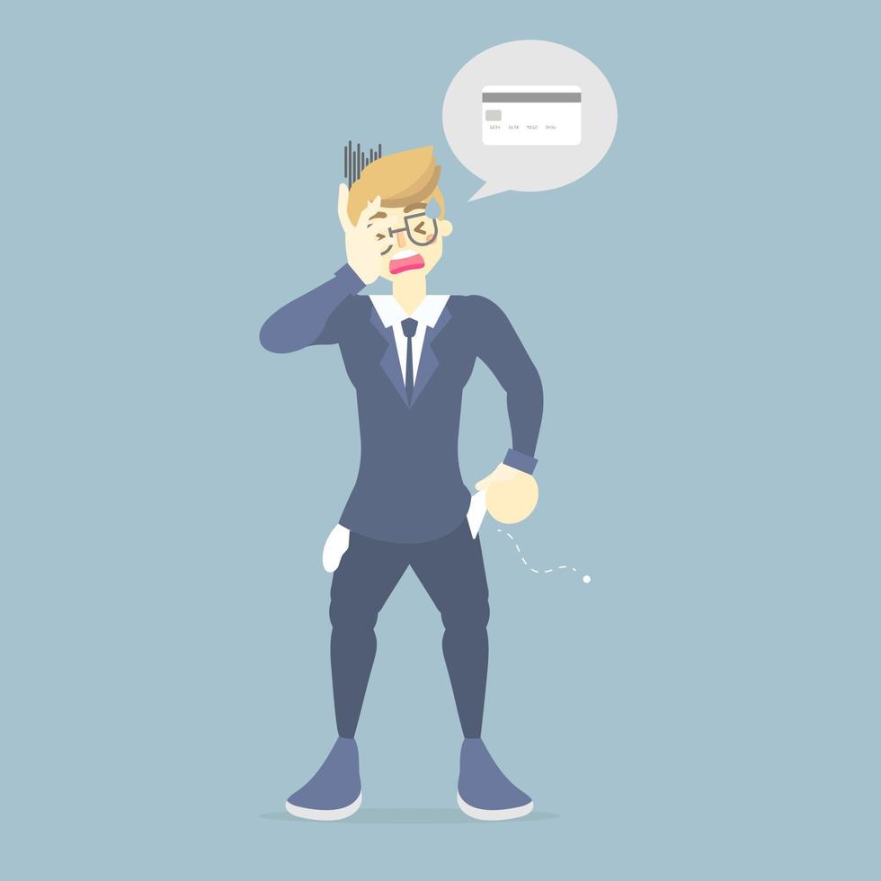 sad, upset businessman showing empty pocket with no money, thinking about credit card, financial debt concept, flat vector illustration cartoon character design clip art