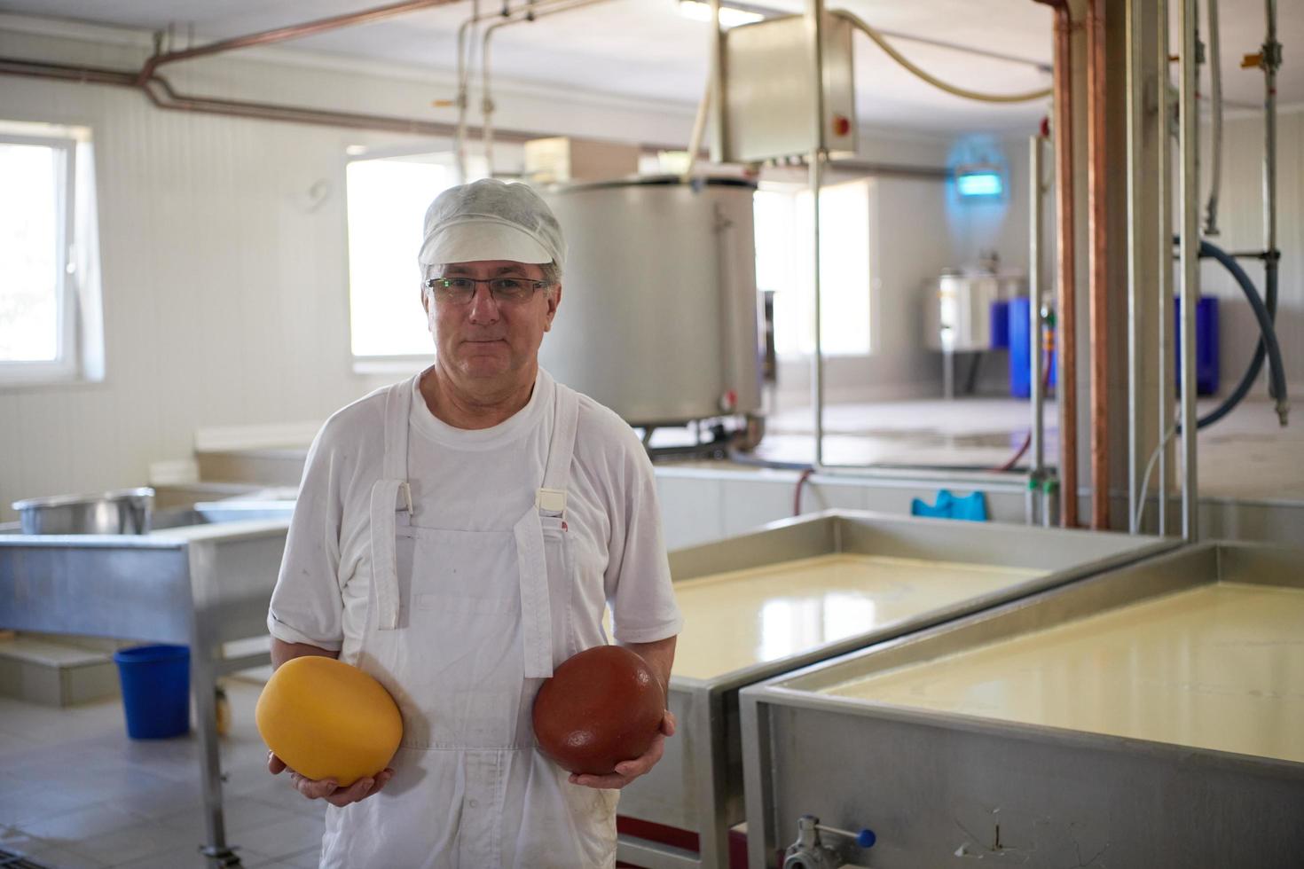 Cheese production cheesemaker  working in factory photo