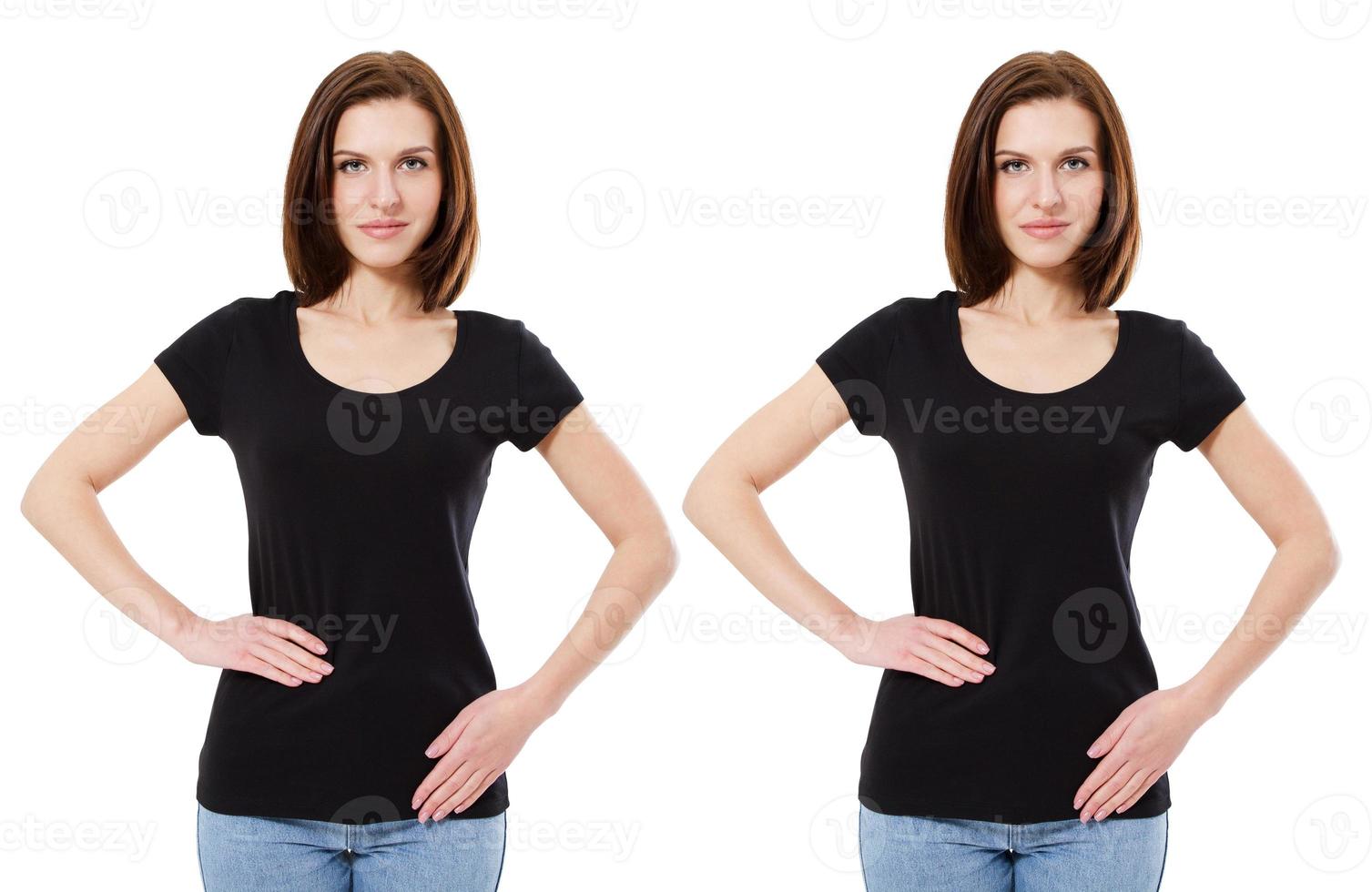 collage t shirt. Caucasian woman,girl in black tshirt isolated on white background, template,blank photo