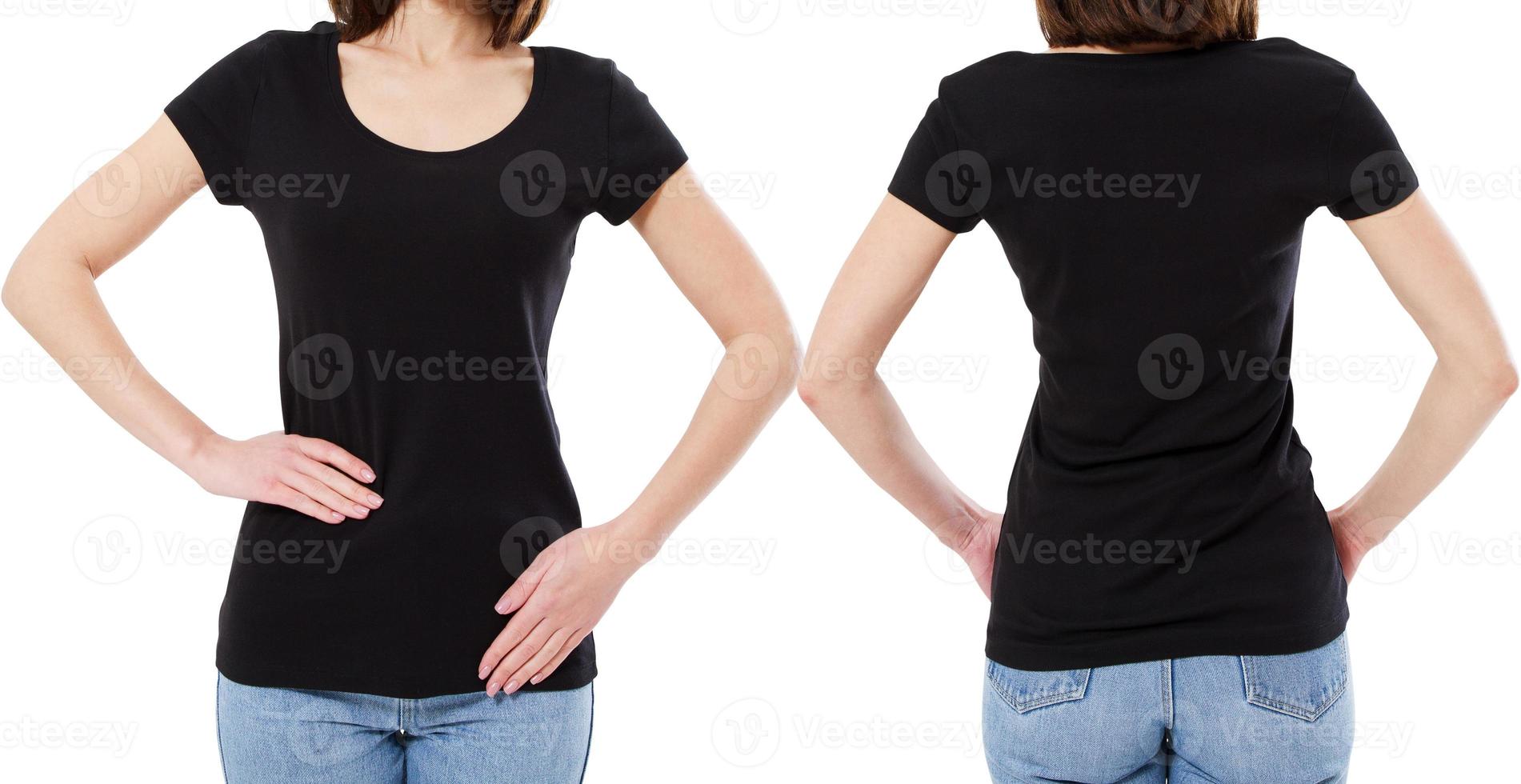 brunette Woman in black V-neck T-shirt blank empty isolated photo