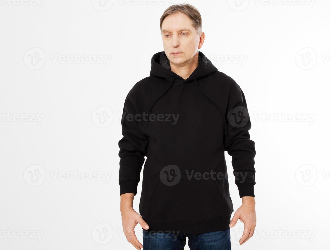 Man in black sweatshirt, black hoodies front isolated, mock up,copy space photo