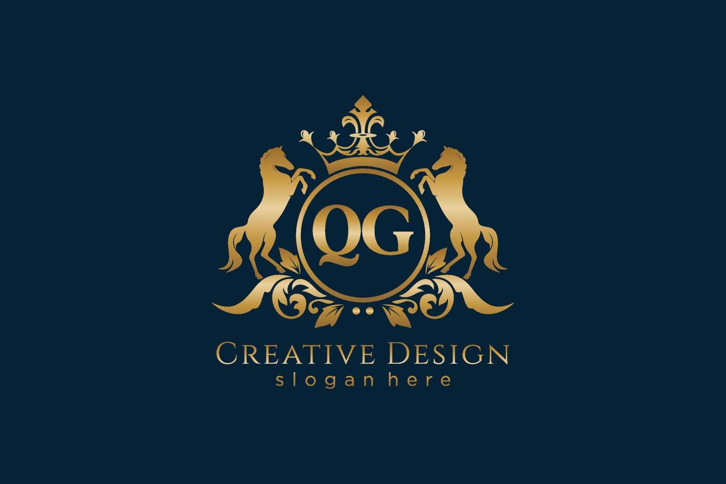 initial QG Retro golden crest with circle and two horses, badge template with scrolls and royal crown - perfect for luxurious branding projects vector