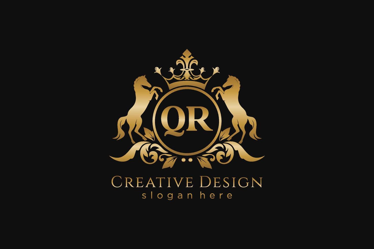 initial QR Retro golden crest with circle and two horses, badge template with scrolls and royal crown - perfect for luxurious branding projects vector