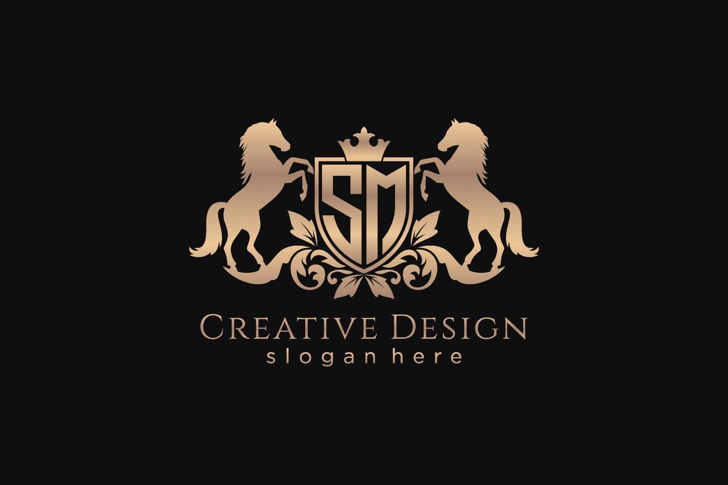 initial SM Retro golden crest with shield and two horses, badge template with scrolls and royal crown - perfect for luxurious branding projects vector