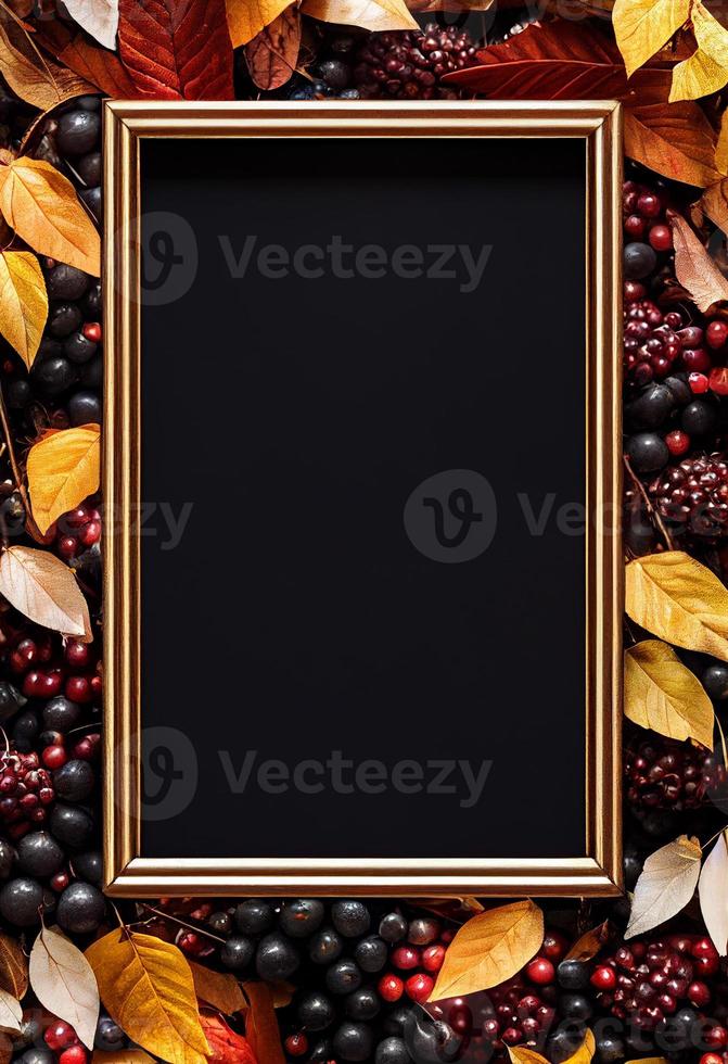 Autumn theme photo frame mock up picture surrounded by leaves and berries