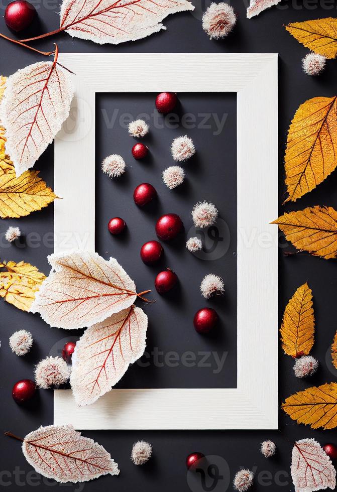 Autumn theme photo frame mock up picture surrounded by leaves and berries