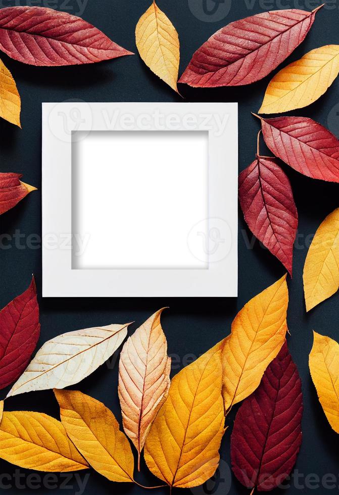 3d illustration of decorative white frame with  autumn  leaves on a black board photo