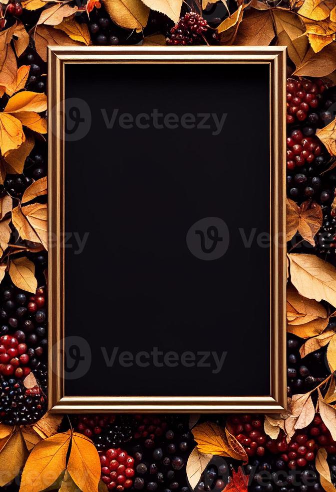 3d illustration of decorative rectangle wood frame with autumn berries and leaves around it photo