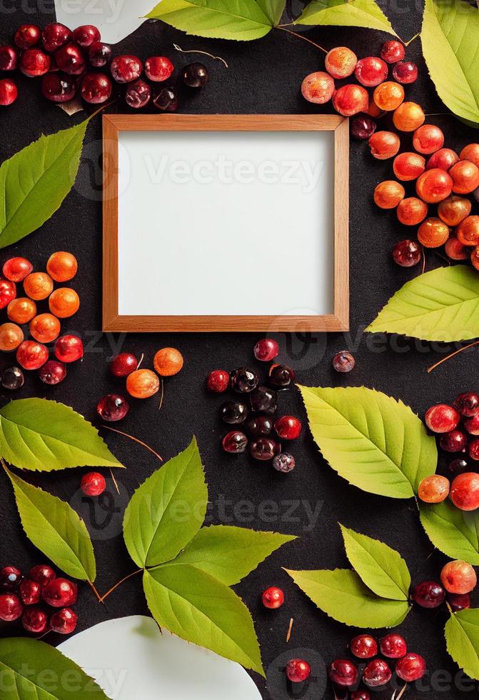 Autumn theme photo frame mock up picture surrounded by leaves and berries