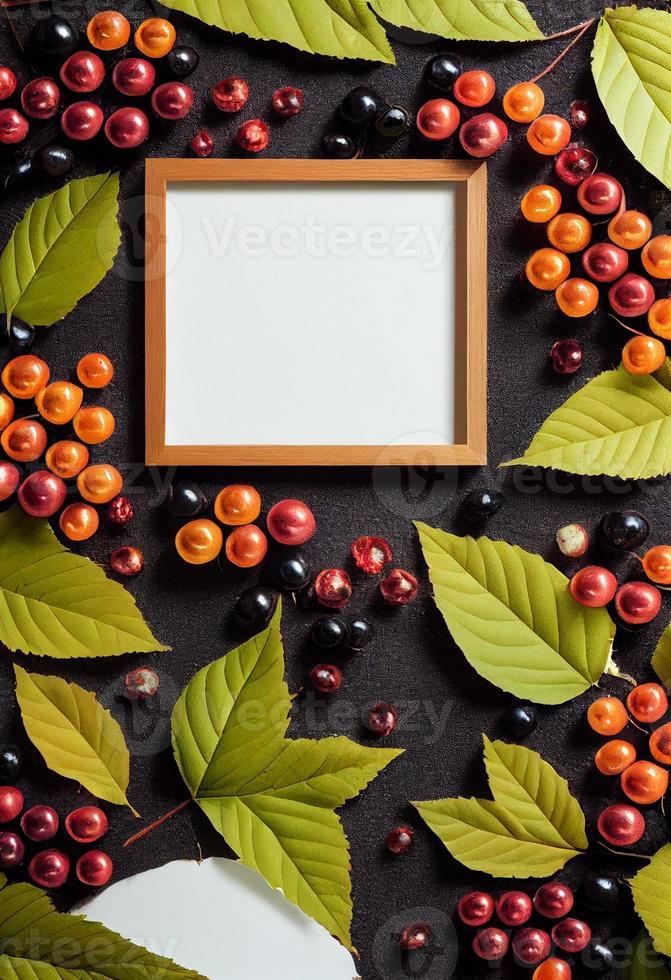 Autumn theme photo frame mock up picture surrounded by leaves and berries