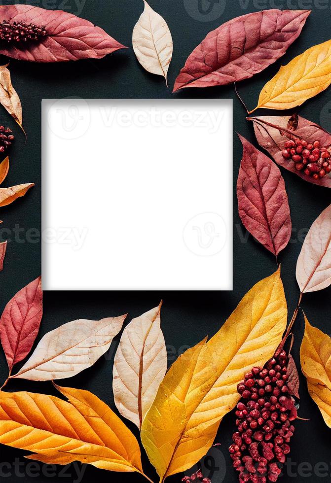 Autumn theme photo frame mock up picture surrounded by leaves and berries