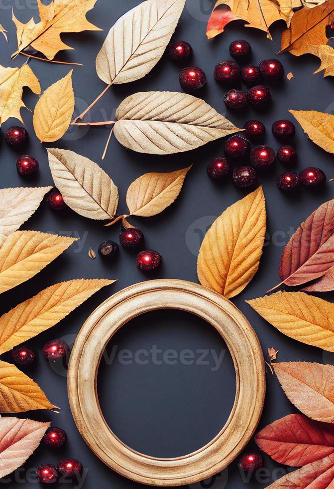 Autumn theme photo frame mock up picture surrounded by leaves and berries