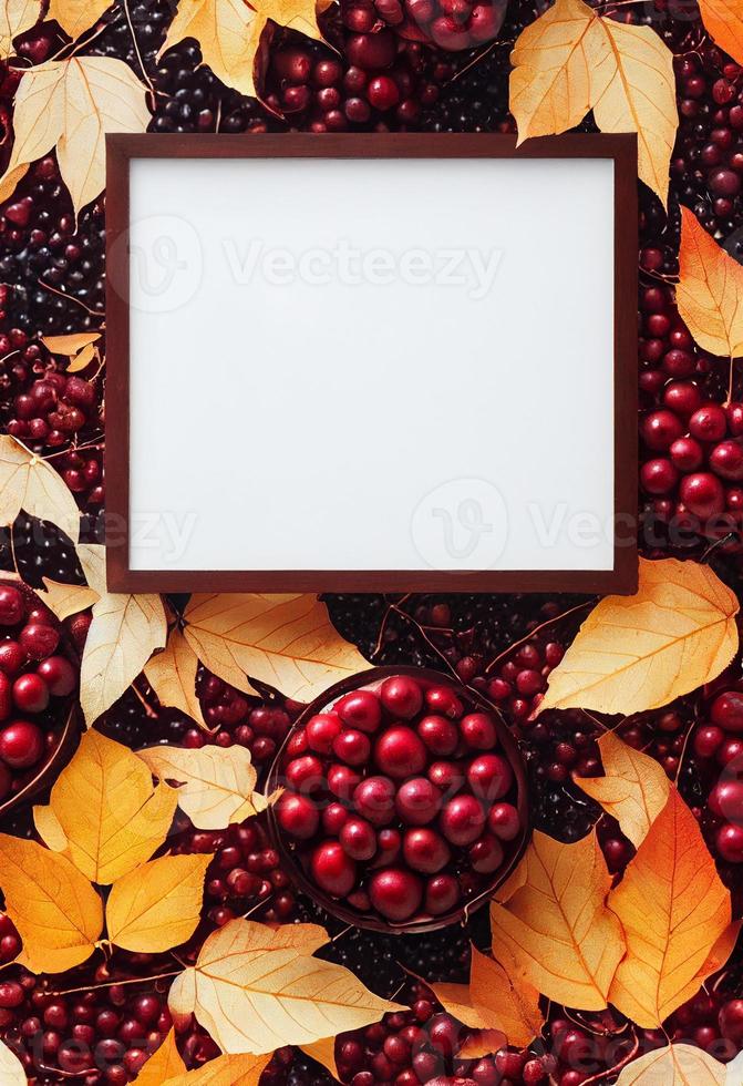 Autumn theme photo frame mock up picture surrounded by leaves and berries