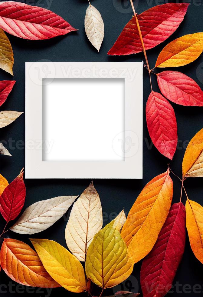 Autumn theme photo frame mock up picture surrounded by leaves and berries