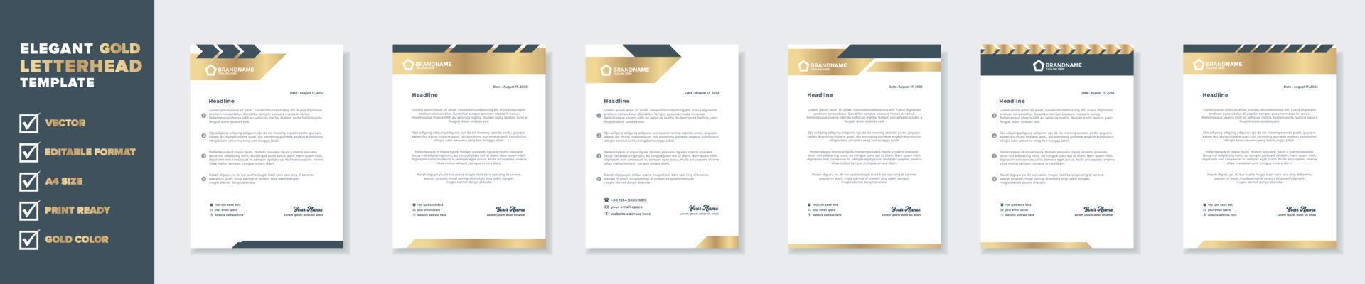 plantilla de diseño de membrete dorado de lujo para papelería para empresa comercial formato editable eps10 vector