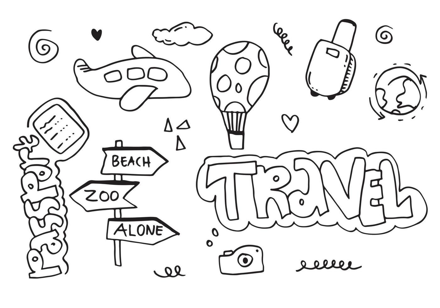 Travel and vacation hand drawn icons. Summer tourism doodles. Outline vector illustration.