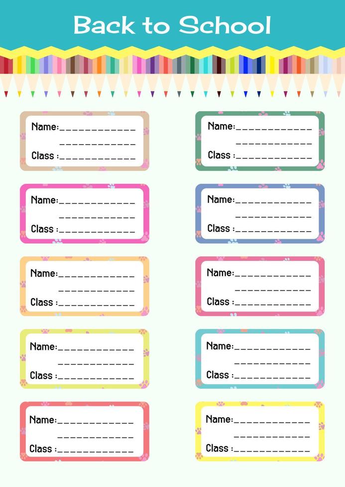 Notebook Labels Vector Template Design. School Book Labels Template. Name and Class Set Stickers for Notebook.