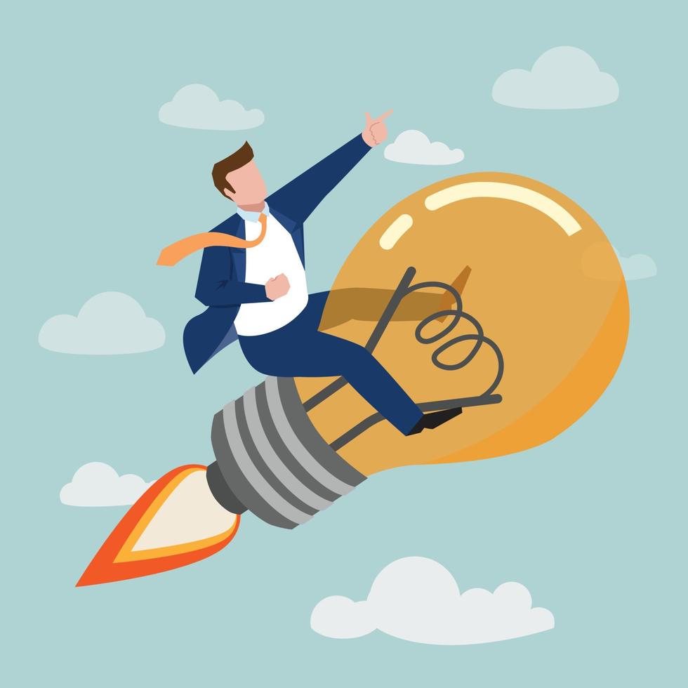 Creative new idea, innovation start up business or inspiration to achieve success goal concept, happy smart businessman leader riding flying bright lightbulb lamp with rocket booster in the cloud sky. vector