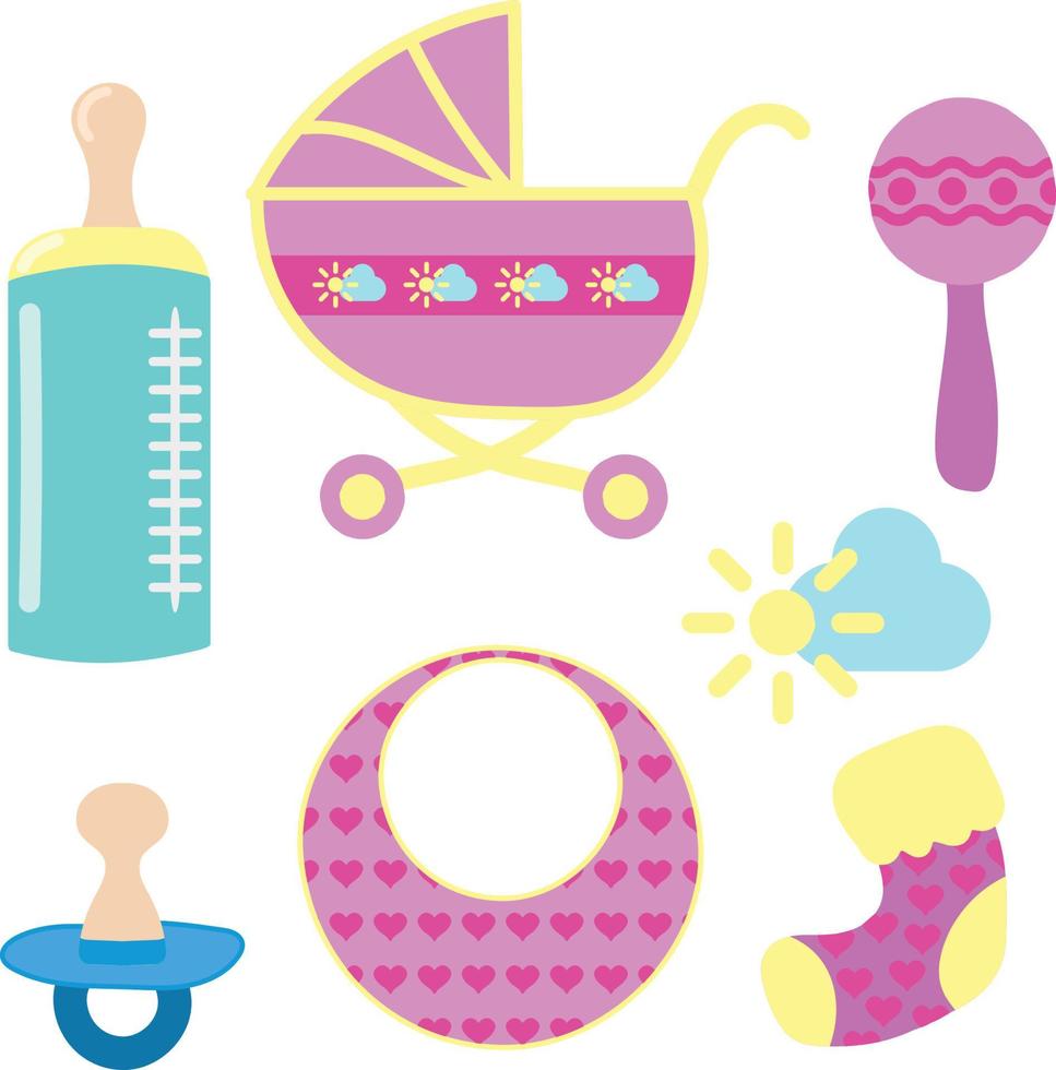 Baby Items Hand Drawn Cartoon Illustration Set vector