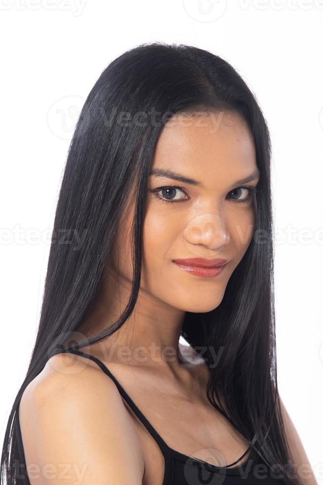 Face Shot half body tanned skin women with disability of young adult stand confident, white background. Asian female long straight hair smile in black shirt dress pant photo