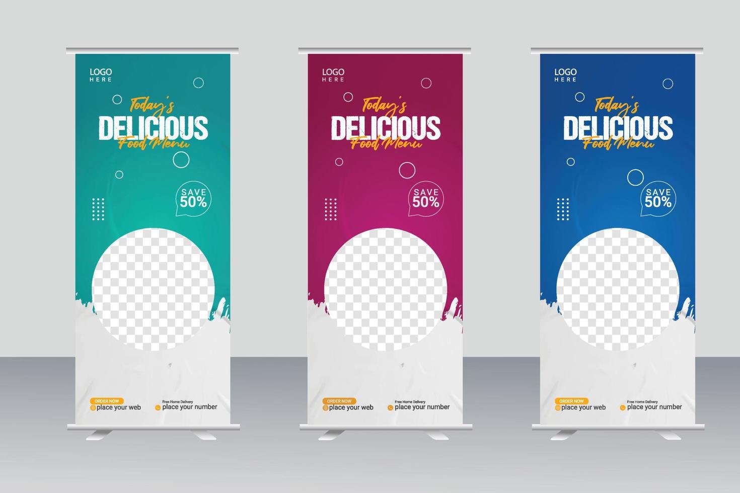 Food rollup banner design for restaurant. creative food roll up banner template, modern food rollup banner vector