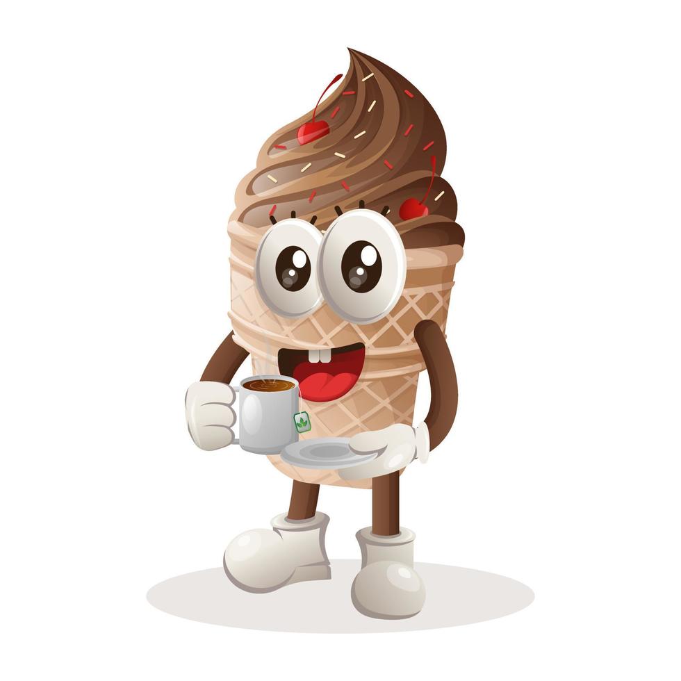 linda mascota de helado bebiendo té, hora del té vector